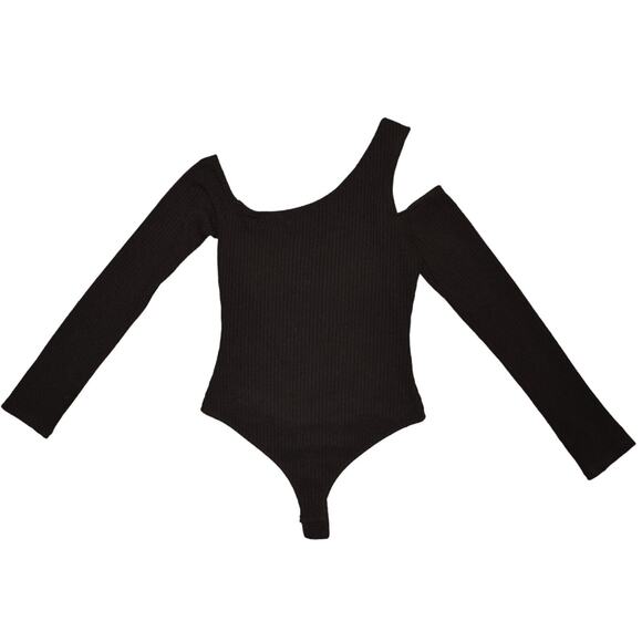 LE LIS COLLECTION $49 Cutout Sleeve Ribbed Knit Thong‎ Bodysuit Black Medium - Picture 1 of 3